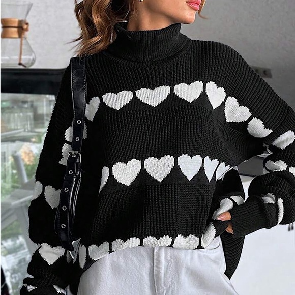 LOVE LINES Cozy Black + White Ribbed Relaxed Fit Turtleneck Sweater S M L - Picture 3 of 7